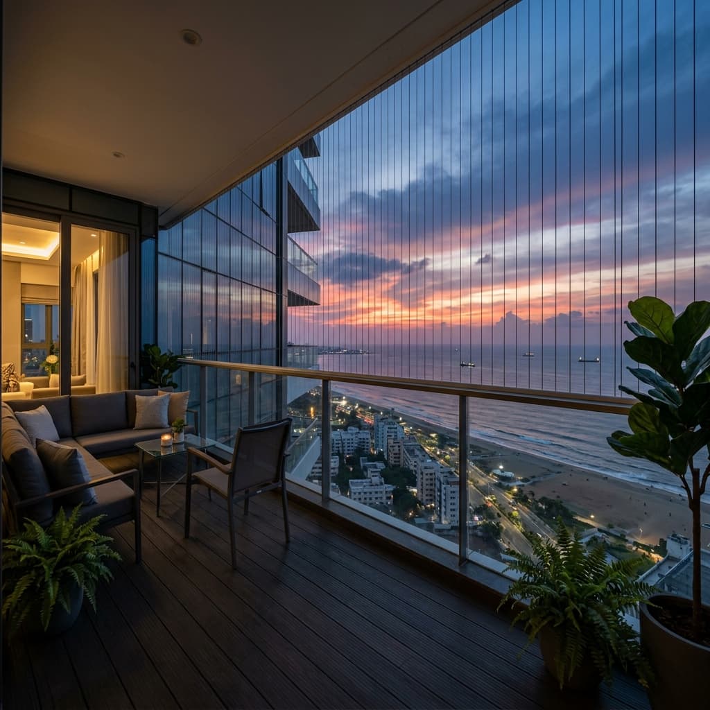 Invisible grill installation on high-rise balcony in Chennai