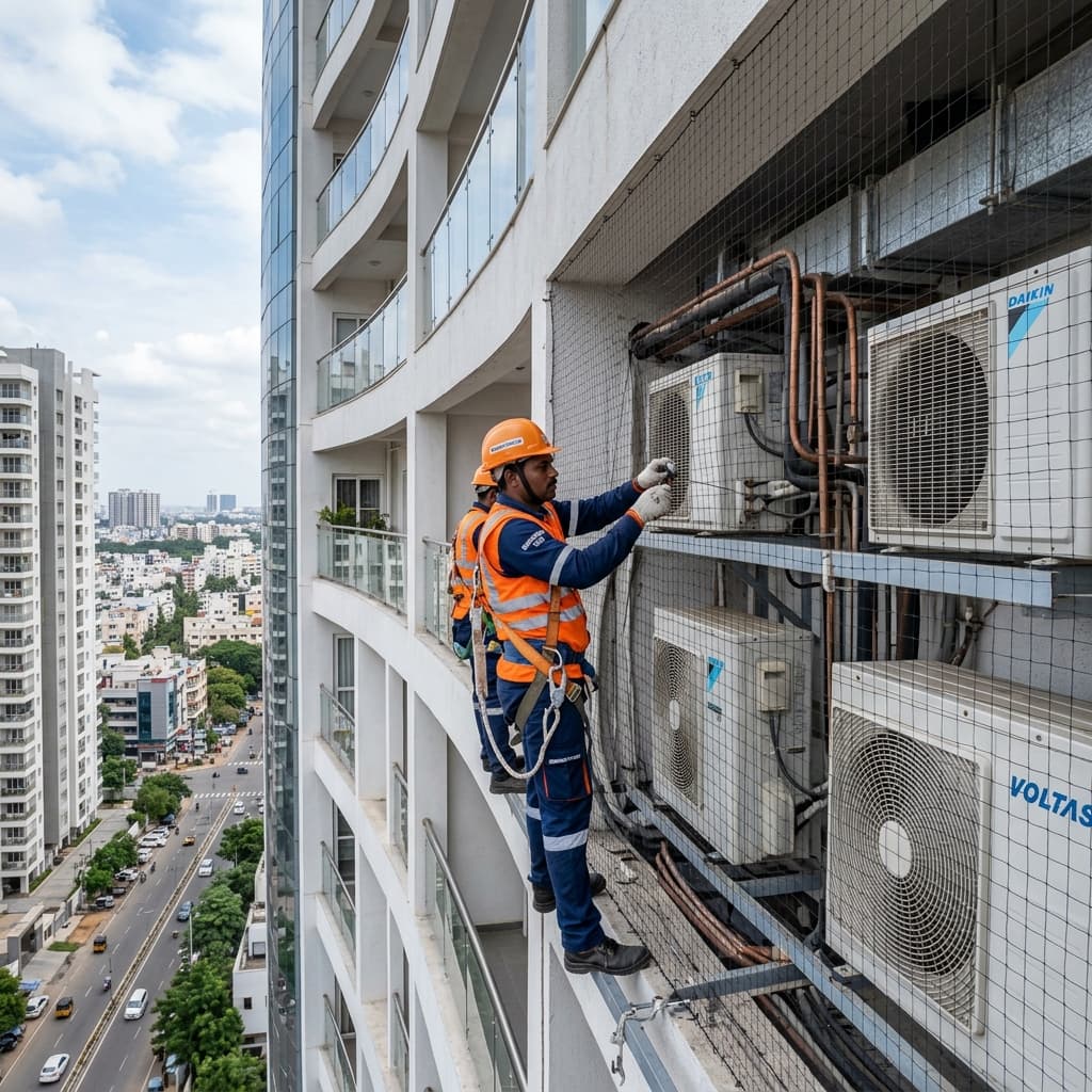Building AC duct area bird protection netting installation Chennai