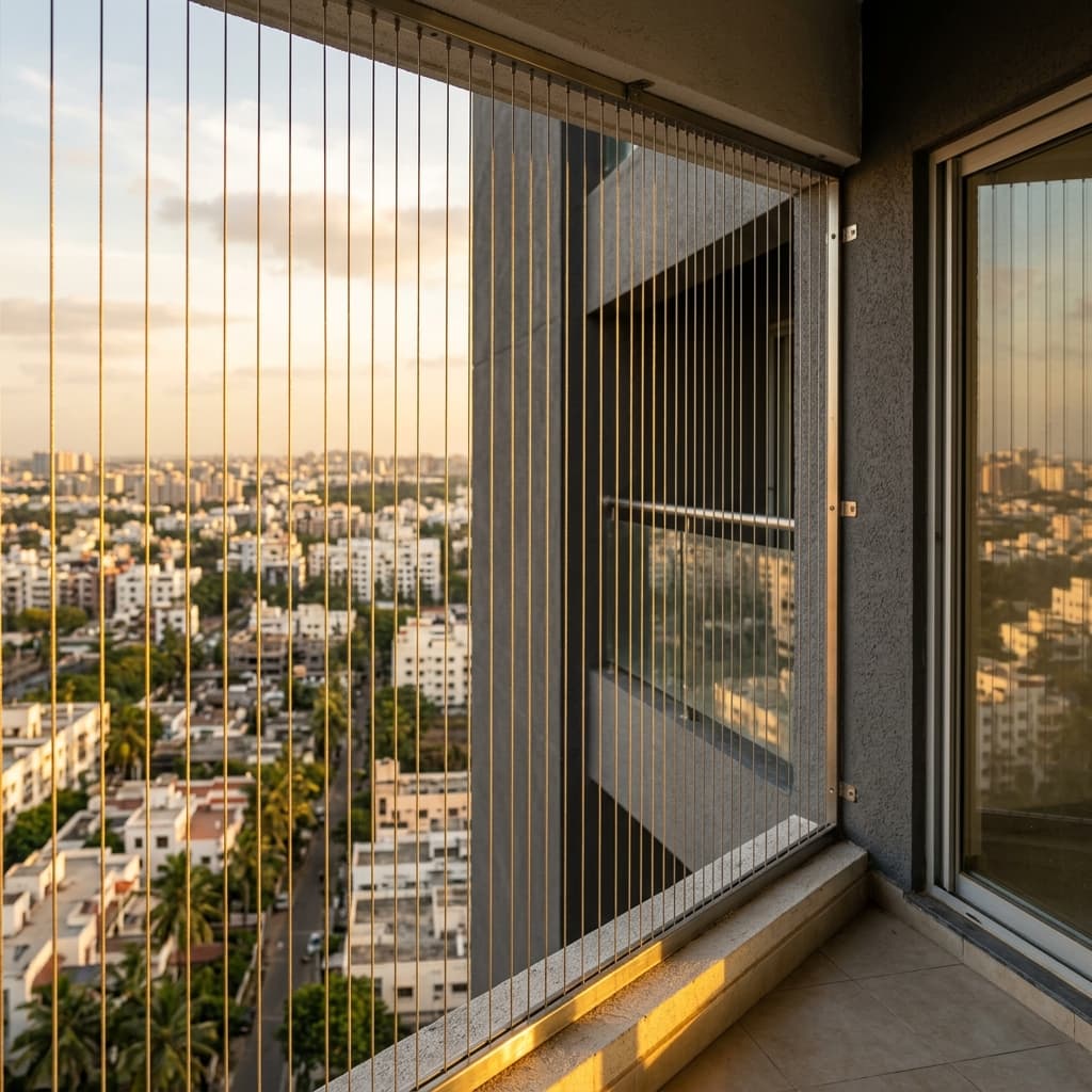 Invisible grill installation Chennai balcony for high-rise apartment